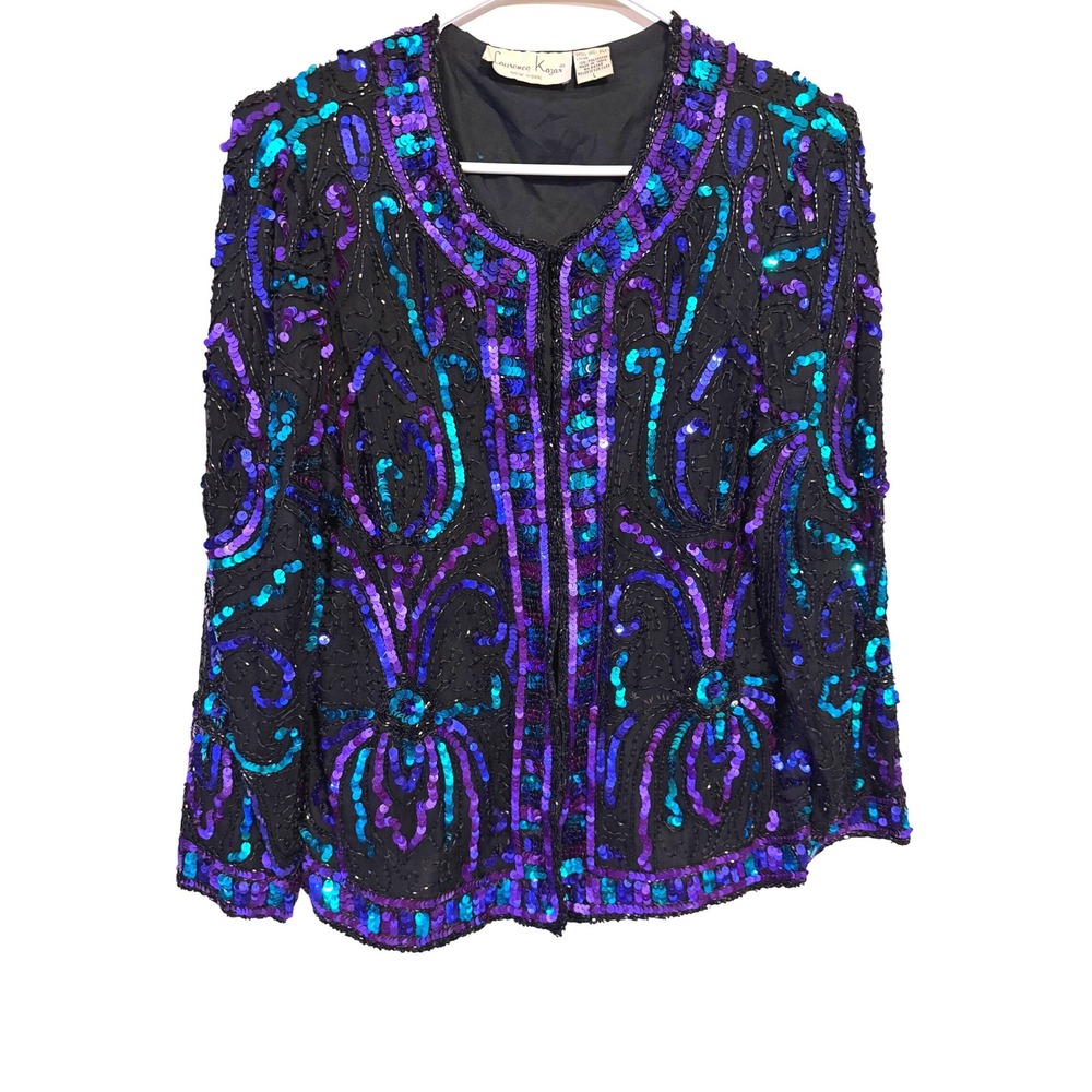 Laurence Kazar Vintage Silk Beaded Sequin Jacket Black Purple Teal Blue mermaid